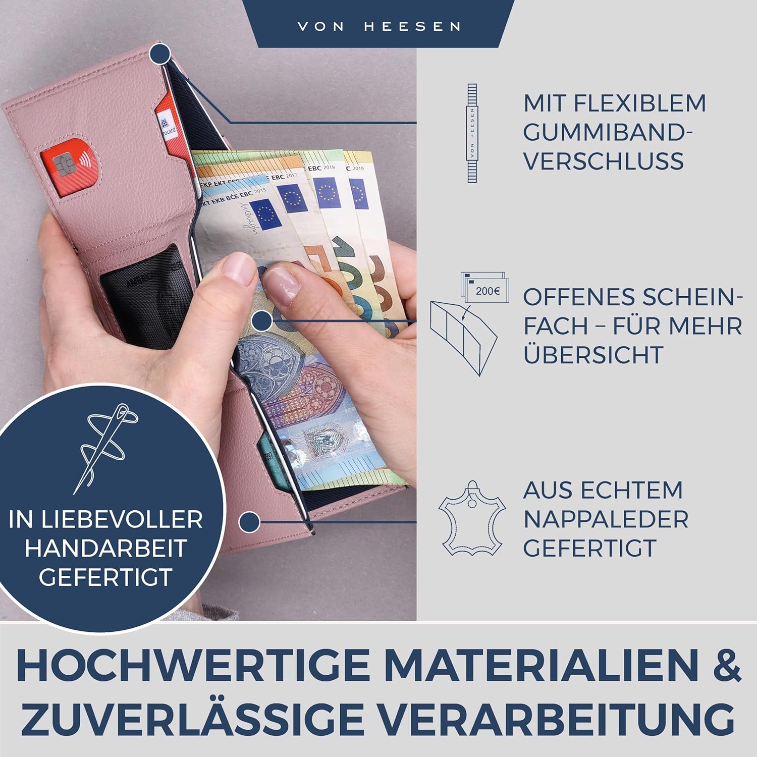 Thumbnail 3 de VON HEESEN Leder Slim Wallet mit RFID-Schutz – Mini-Geldbörse im Lavendel-Ton (Kartenetui)