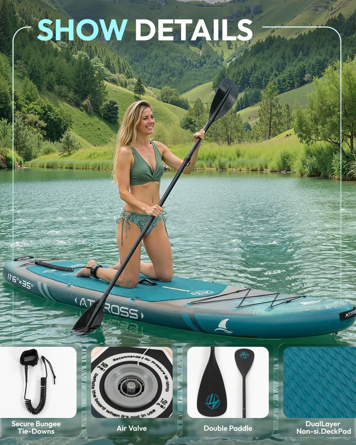 Detalle de ATPROSS 11'6" x 35" Inflatable Paddle Board with All-in-One Kit: Extra-Wide, 450 lb Capacity