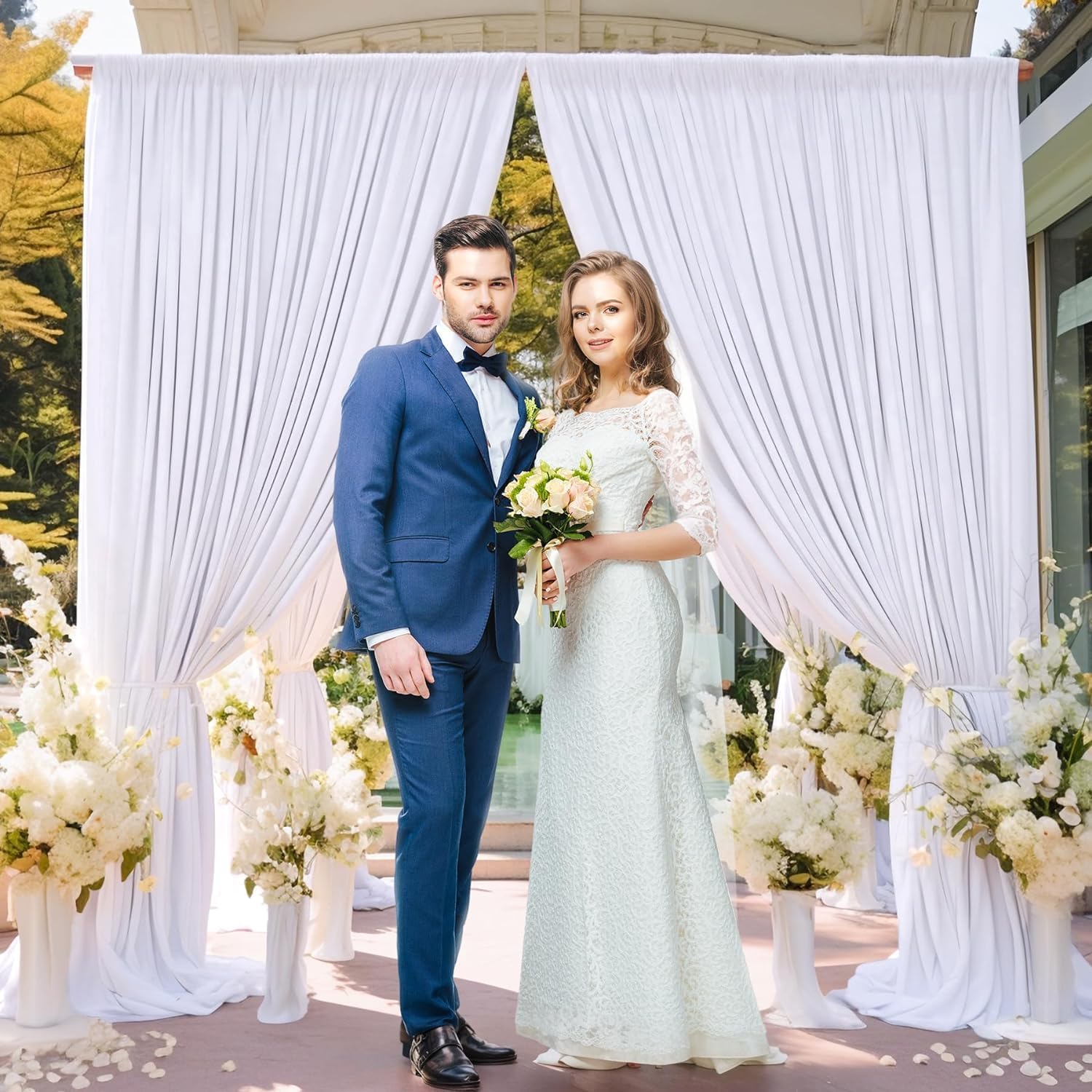 Detalle de 3×2,15 m Weißer Hochzeit Hintergrund Vorhang – 2 Platten, faltenfrei, Polyester, Fotowand für Hochzeiten und Feiern