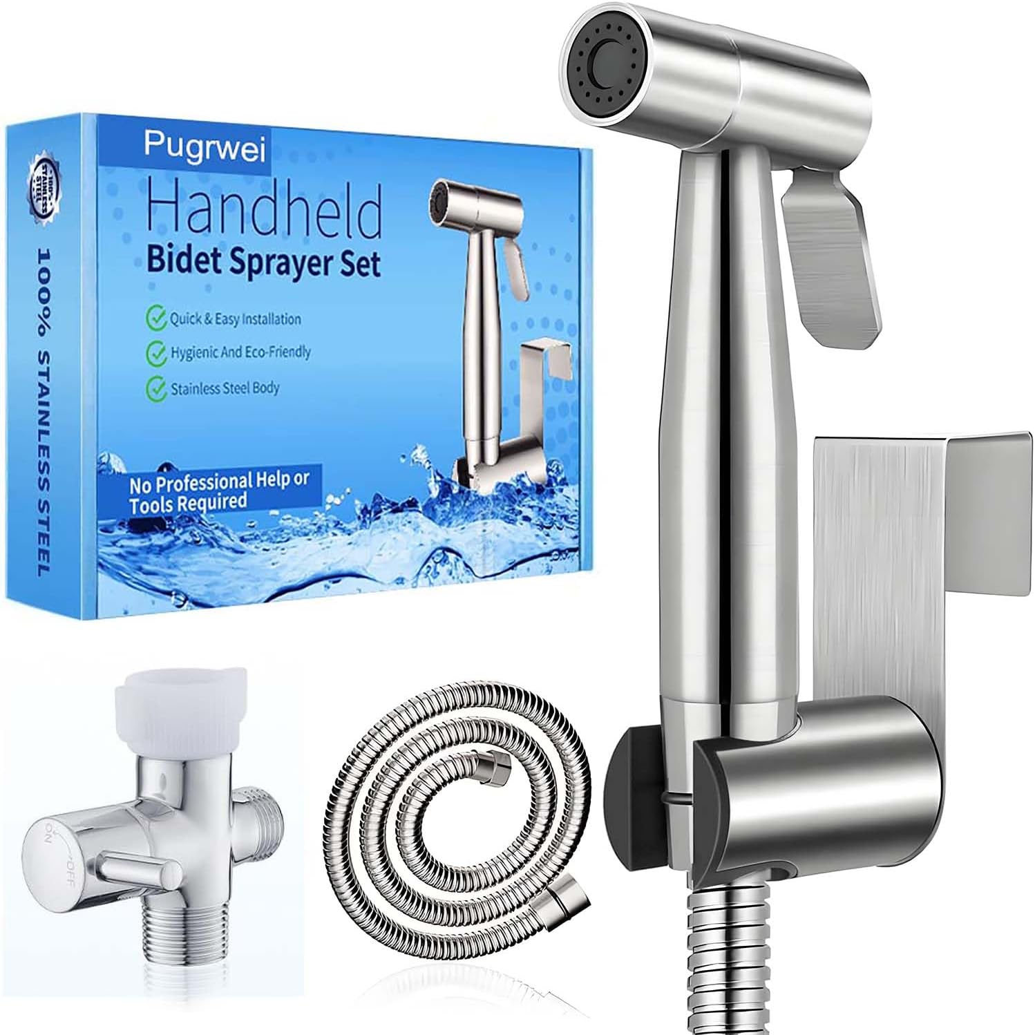 Pugrwei Handheld Bidet Sprayer, 304 Stainless Steel, Adjustable Flow, 7/8-Inch Brass T-Valve
