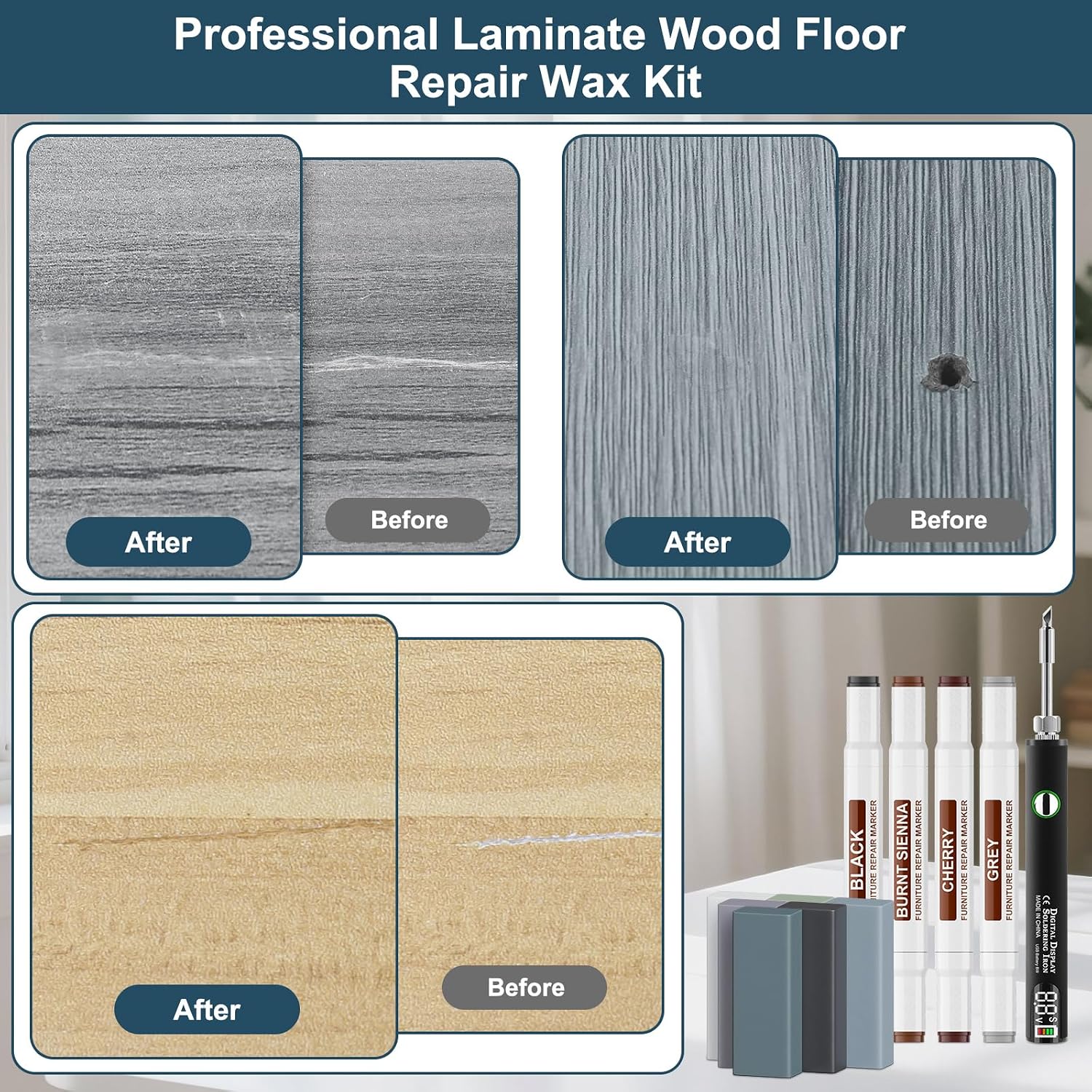 Thumbnail 5 de Set di riparazione per pavimenti in vinile, laminato e parquet grigio con 11 blocchi di cera e penna termica USB