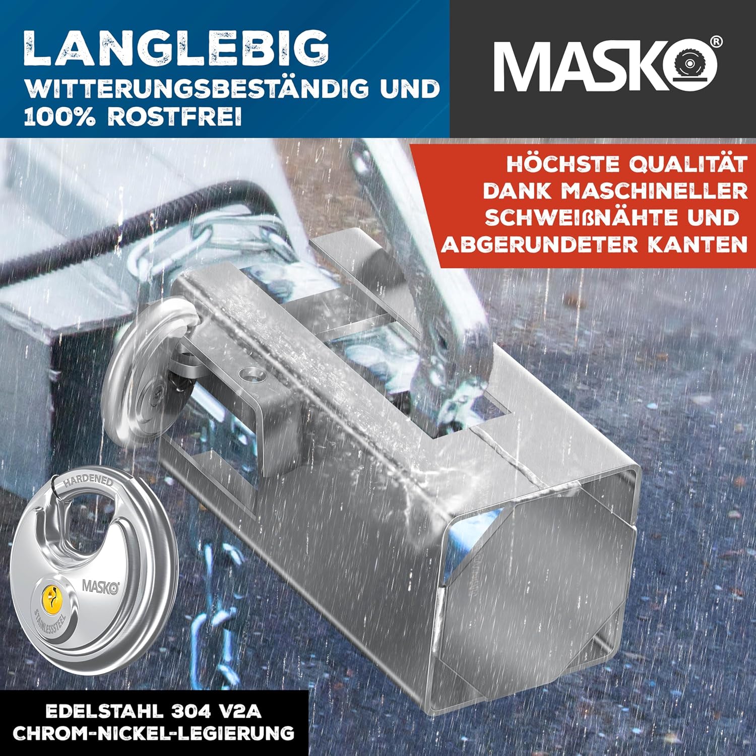 Detalle 2 de MASKO® Anhängerschloss mit Stecksystem für angekoppelte & abgekuppelte Anhänger (Rundbügel-Schloss, Schlüssel, Schutzkappe) – Silber