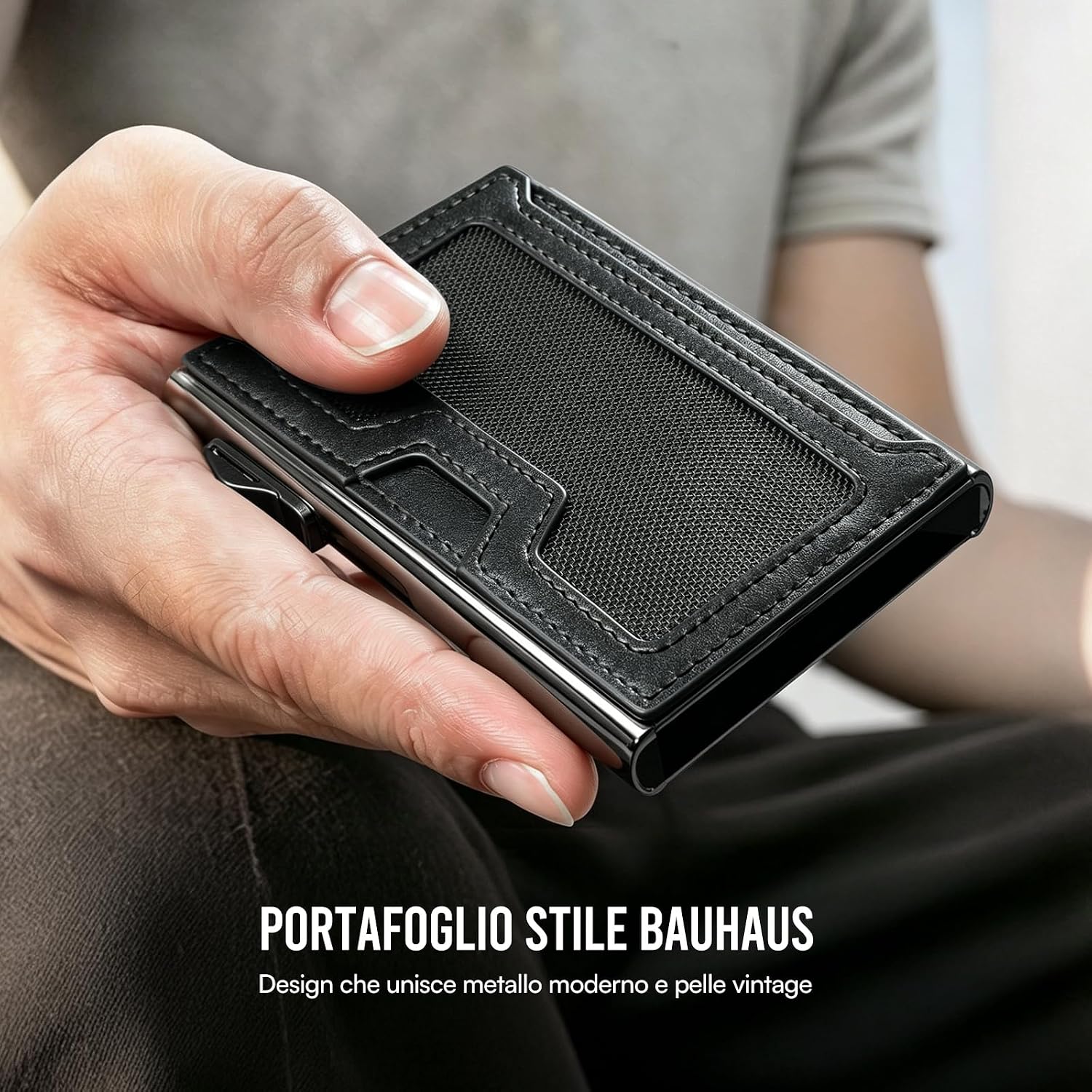 Detalle 2 de YESIIW Portafoglio Uomo Slim Bauhaus – Portacarte in Alluminio Gunmetal con Pelle Vintage, 6–7 Carte, RFID e ID Window