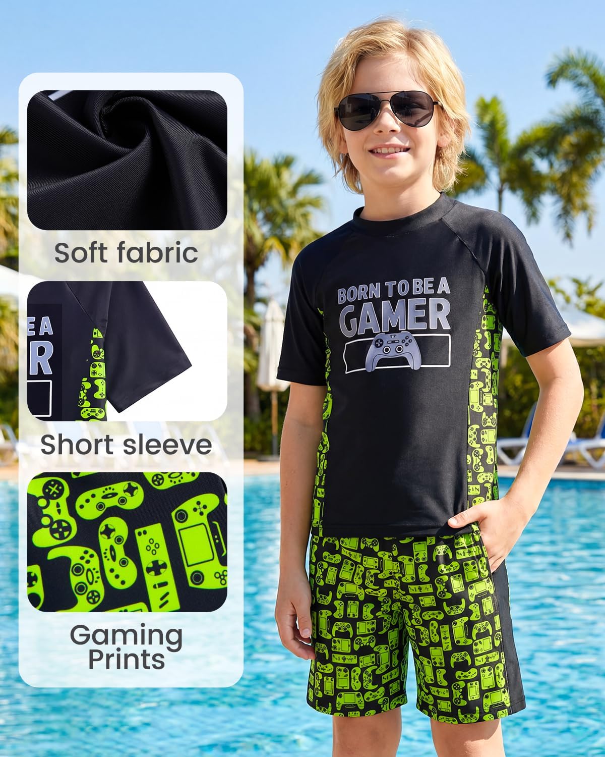 Thumbnail 4 de JiAmy Boys 2 Piece Swimwear Set: UV Sun Protection Rash Guard + Board Shorts (5–13 Years)