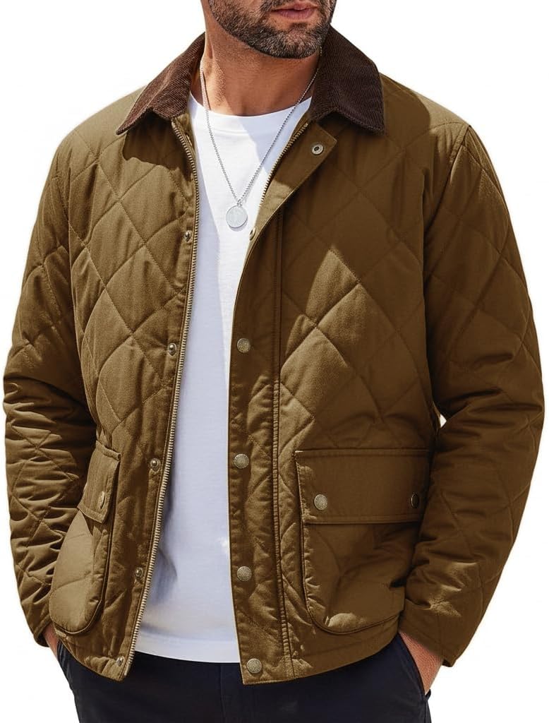 Detalle de Runcati Men's Diamond Quilted Bomber Jacket, Insulated with Corduroy Collar