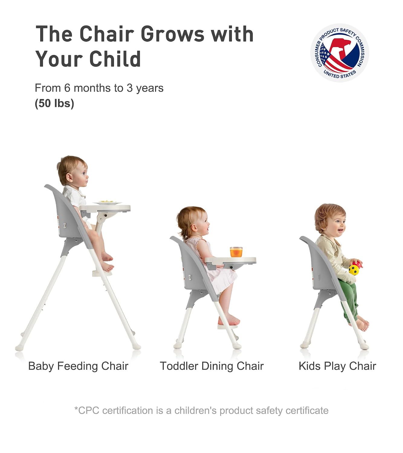 Thumbnail 5 de Mallify Foldable High Chair, 3-in-1 Convertible Baby Feeding Chair, Gray