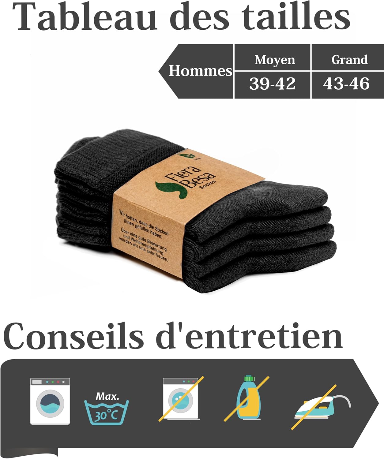 Detalle de Fiera Besa – Lot de 4 paires de chaussettes diabétiques en bambou pour homme (sans couture à l’avant du pied)
