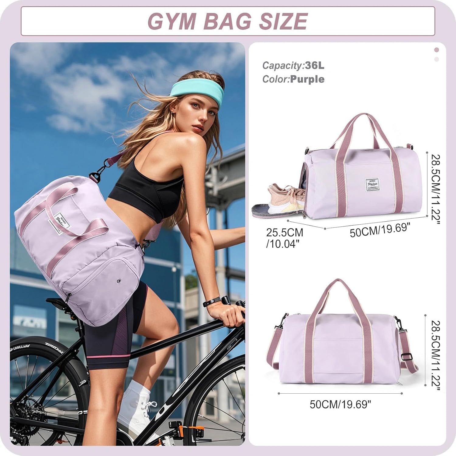 Thumbnail 1 de HYC00 HYC00 Gym Bag for Women (Small) – sports duffle with shoe compartment, wet pocket & adjustable straps (Purple)