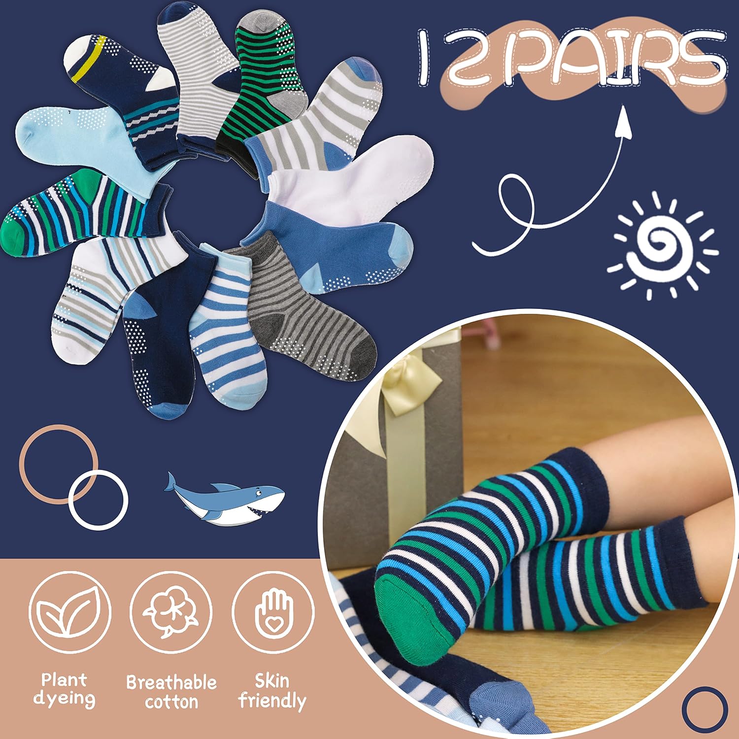 Detalle 2 de ANTSANG Stoppersocken für Kinder & Baby-Jungen (Anti-Rutsch, Baumwolle) – 12 Paar