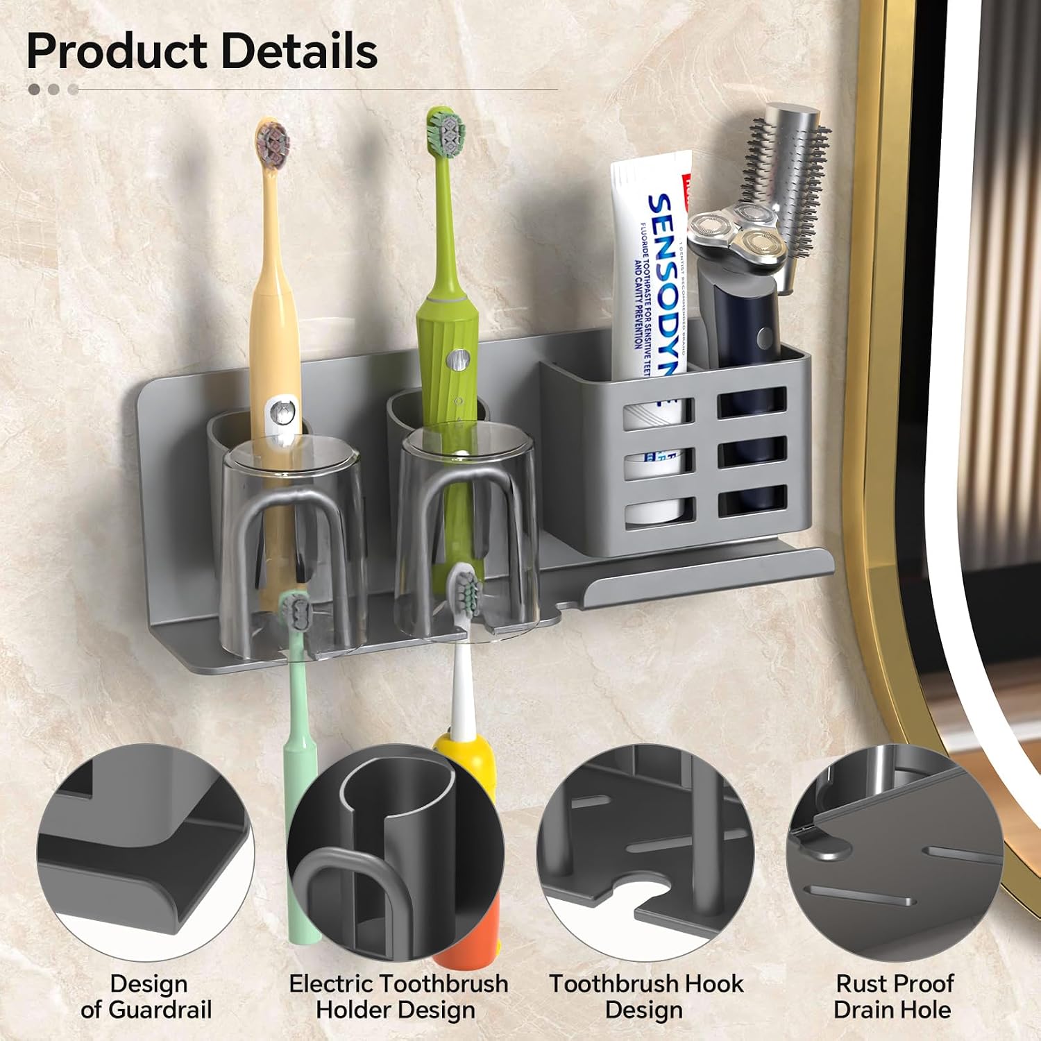 Detalle de KEXIBO Support mural pour brosse à dents électrique sans perçage — aluminium gris, porte-gobelets inversés et rangement rasoir