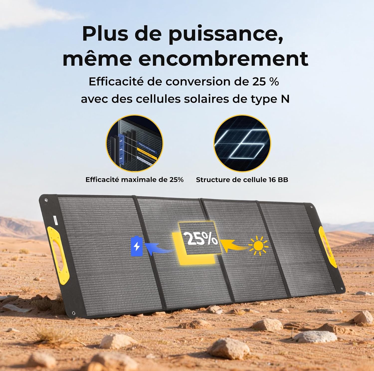 Detalle de BougeRV Panneau Solaire Pliable 100W – N-Type, Étanche IP65, 173Wh/277Wh, Fibre de Verre