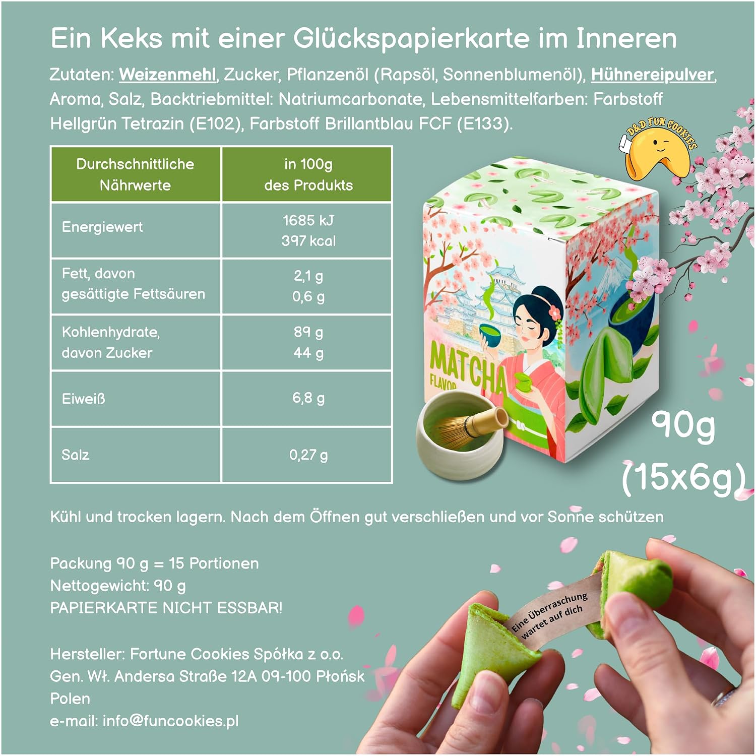 Detalle de Glückskekse Einzeln Verpackt – Matcha Fortune Cookies, 15 Stück (Deutsch & Englisch Sprüche)