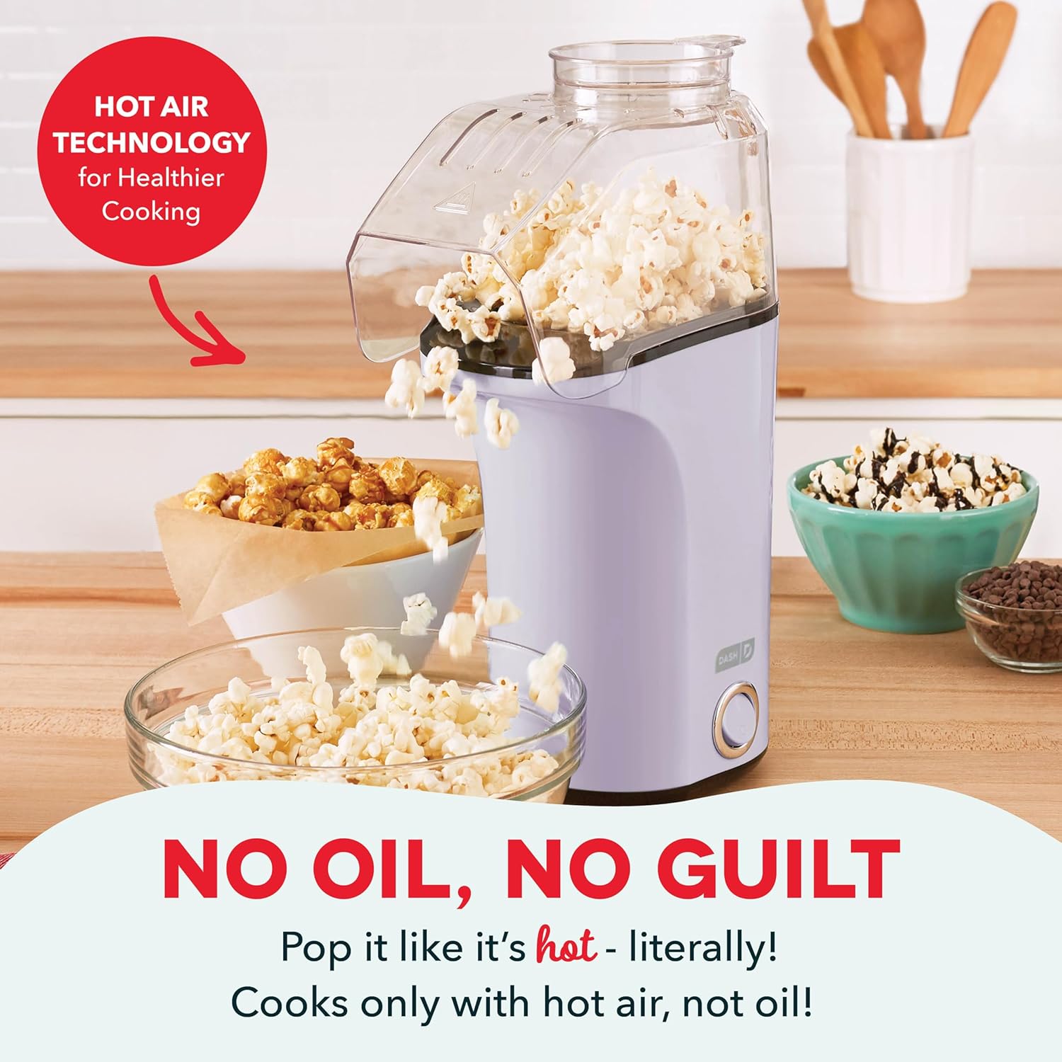 Detalle 2 de Dash Hot Air Popcorn Popper Maker (16 Cups) with Measuring Cup to Portion Kernels + Melt Butter, Lavender