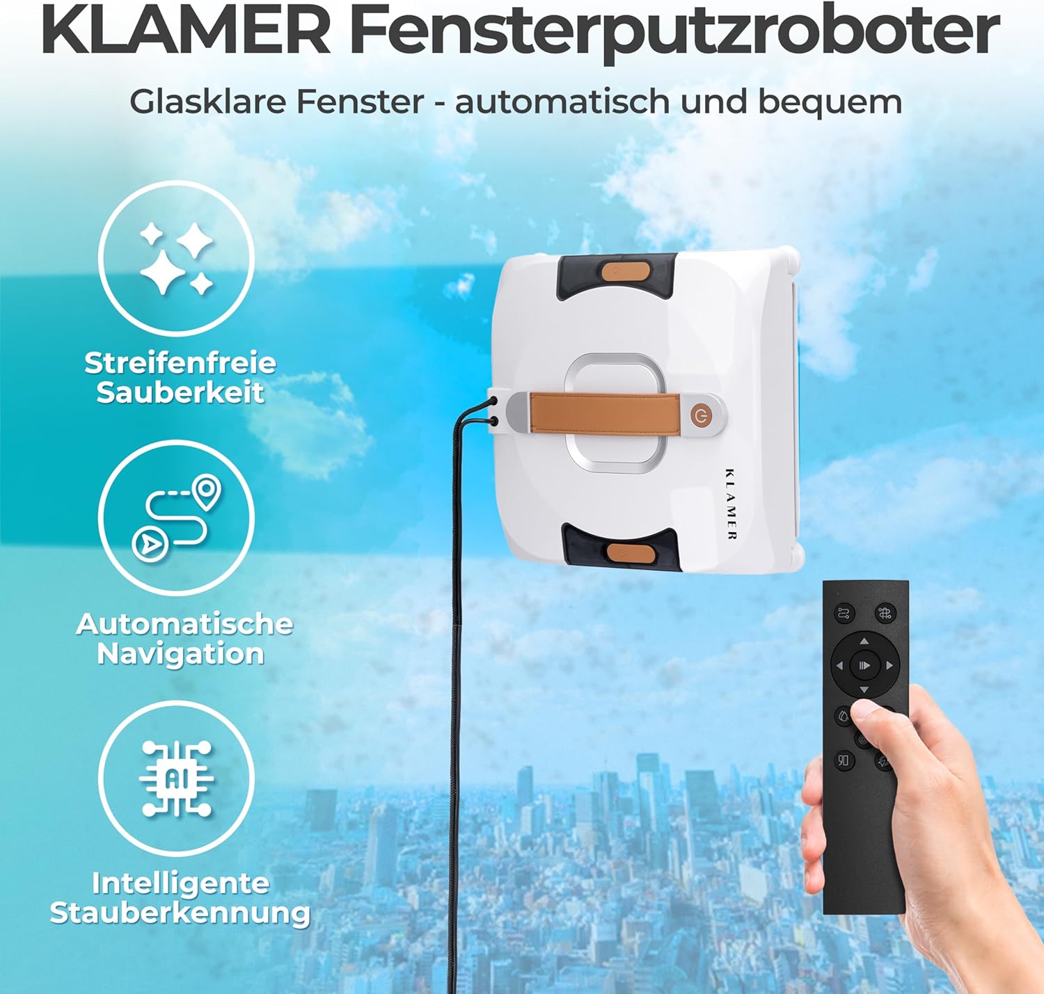 Detalle de KLAMER Fensterputzroboter 3500 Pa – automatischer Fensterreiniger mit 100 ml Doppelwassertank