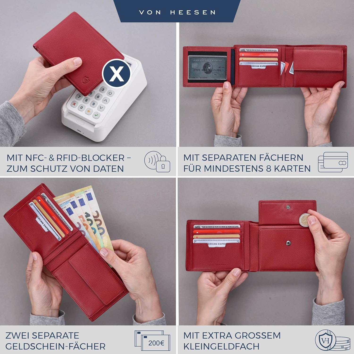 Detalle 2 de VON HEESEN Leder Geldbörse mit RFID-Schutz – Echtleder Brieftasche in Rot