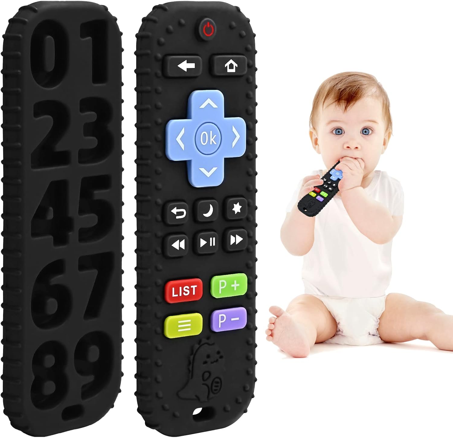 Dentizione Sollievo: dentiera giocattolo in silicone alimentare con telecomando per bambini (3-6-12 mesi) – nero