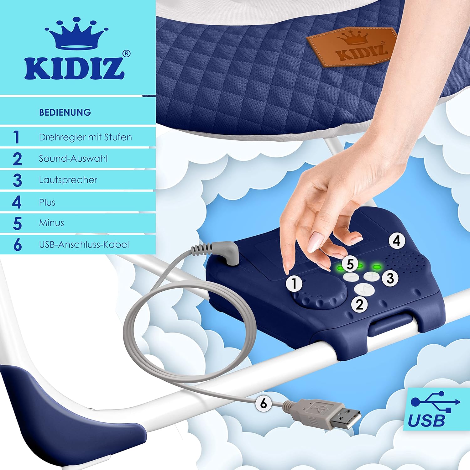 Thumbnail 5 de KIDIZ® Babywippe Babyschaukel mit 5 Geschwindigkeiten, faltbar & Spielbogen, Naturgeräusche (blau)