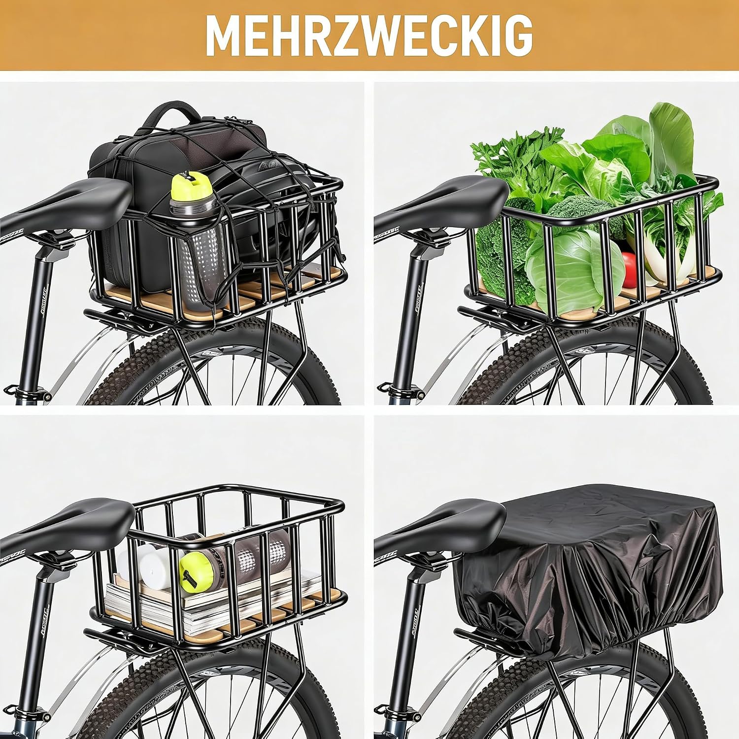 Detalle de CXWXC Fahrradkorb hinten für den Gepäckträger mit Holz-Boden, wasserdichter Abdeckung & Cargo-Netz