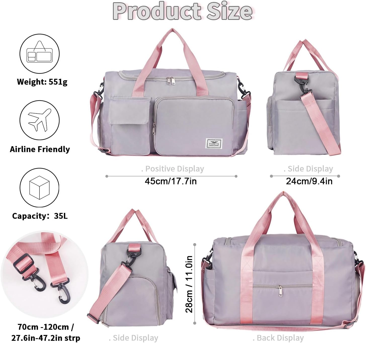 Detalle de Fioretto water-resistant sports gym duffle bag with shoes compartment and wet/dry pocket (45 x 24 x 28 cm, 30L)