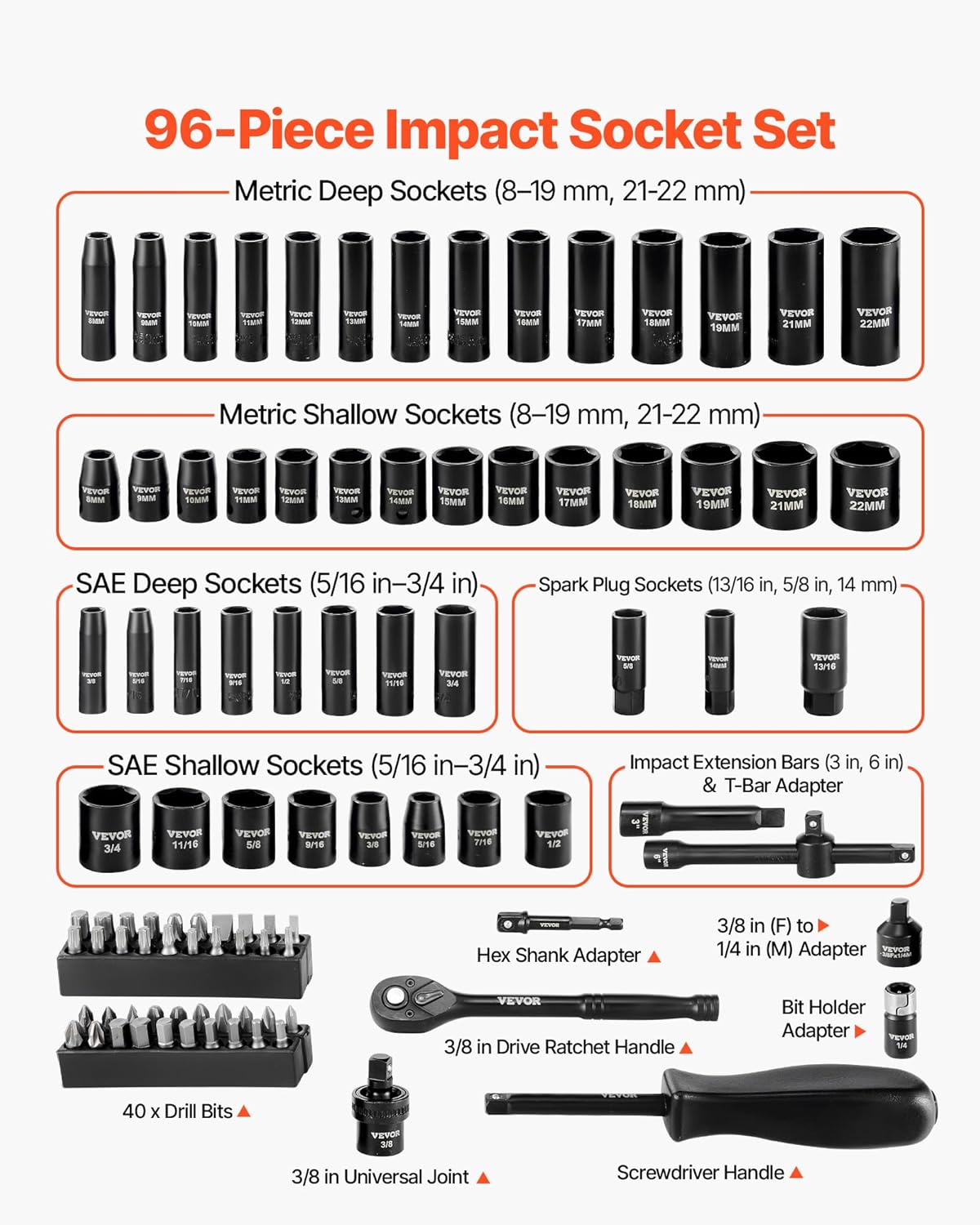Detalle de VEVOR 96-Piece 3/8" Drive Impact Socket Set