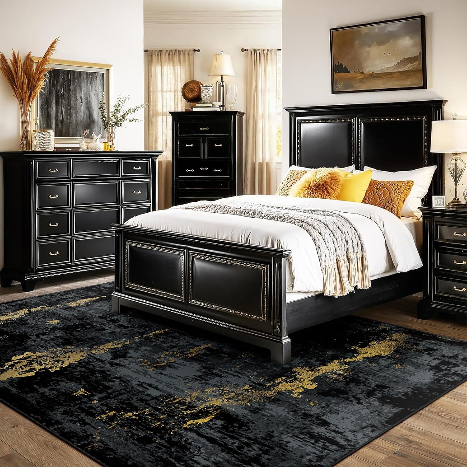 Thumbnail 1 de RELEANY Washable 8'x10' Non-Slip Modern Abstract Area Rug - Dark Black Gold