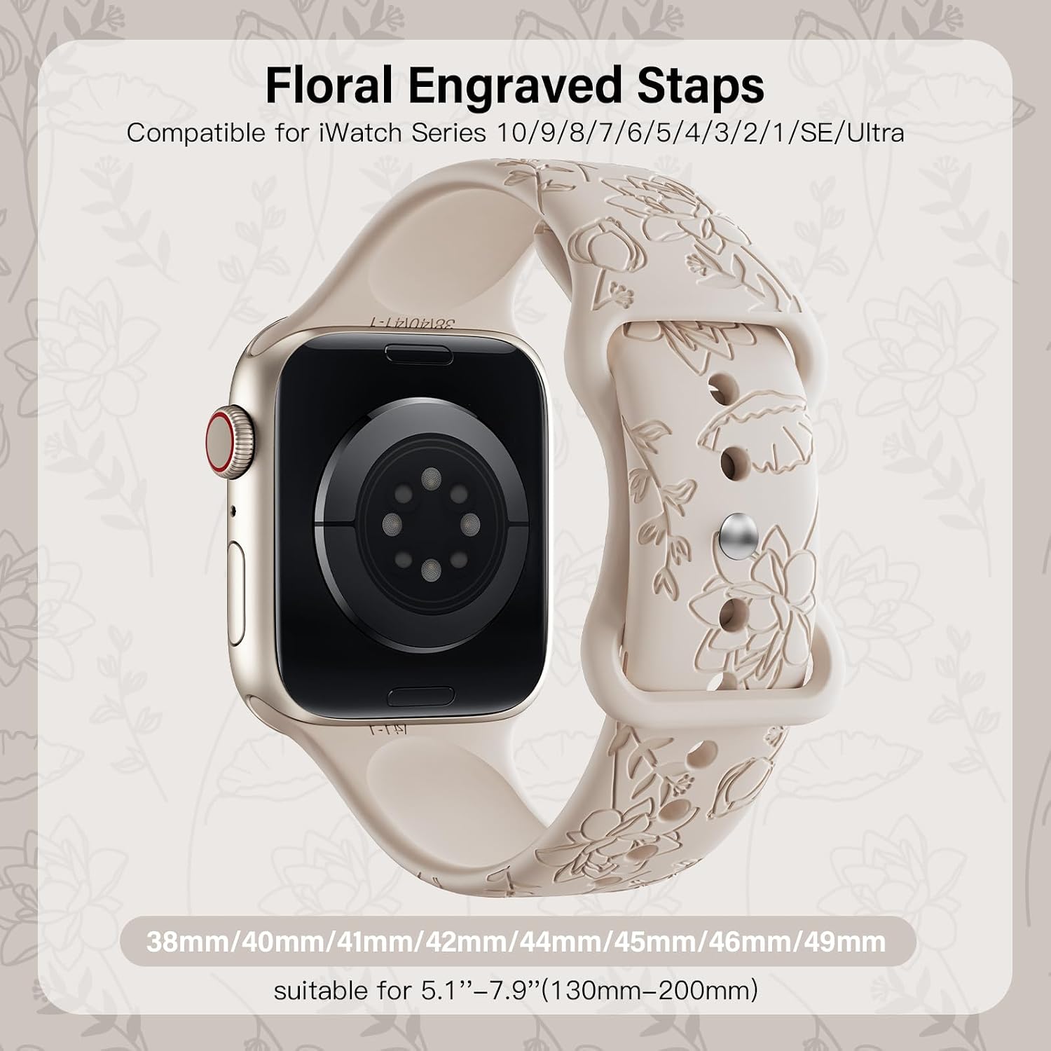 Detalle de Yoohoo Floral Engraved Strap 42mm for Apple Watch