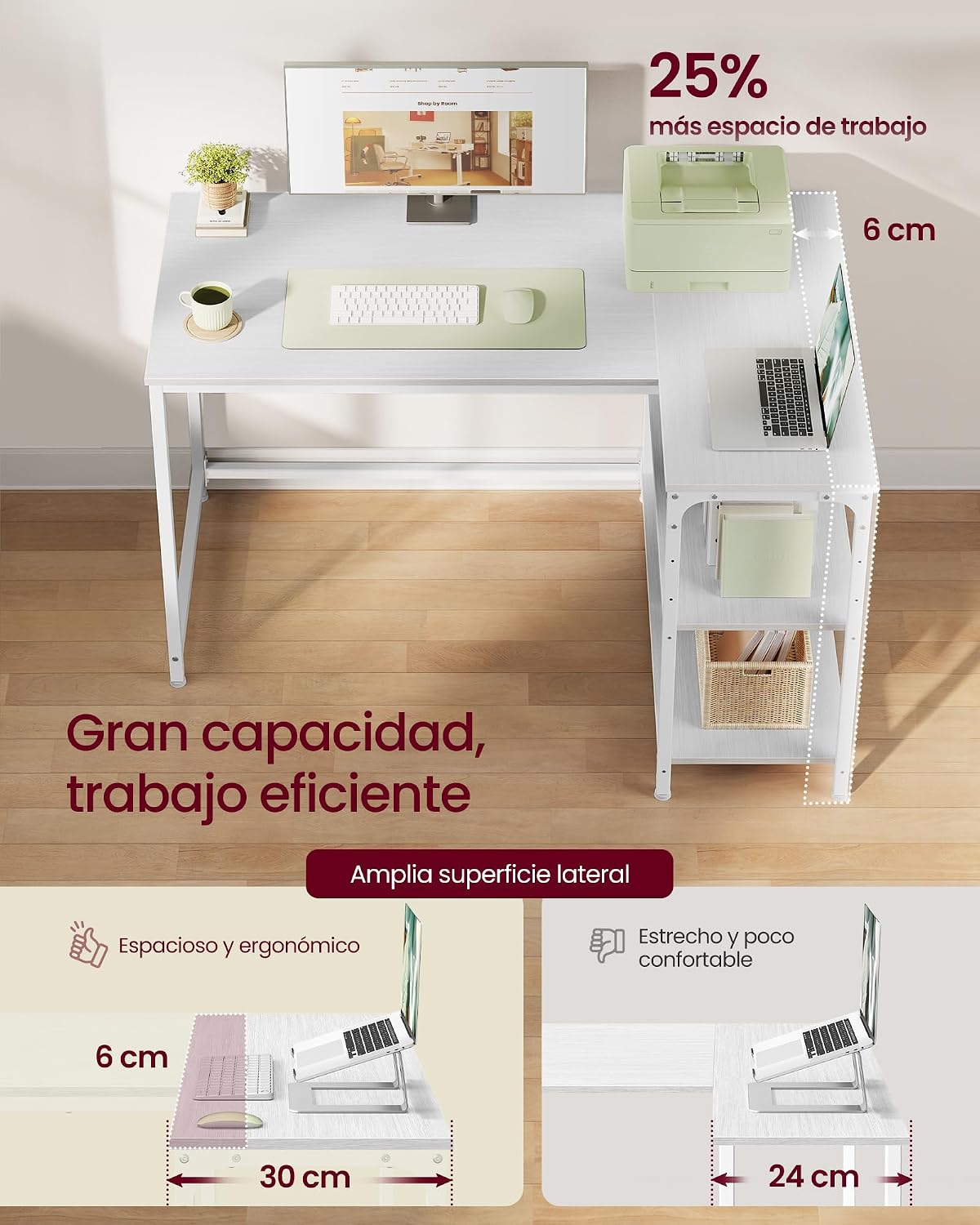 Thumbnail 3 de VASAGLE LWD135WF01 Scrivania Angolare 110 x 80 cm