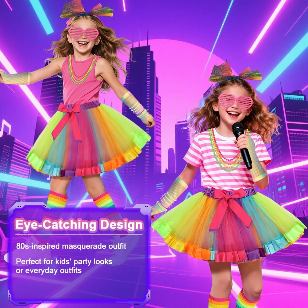 Detalle de BSBUY 5207140 jaren 80-kostuumset voor meisjes met rok en neonaccessoires