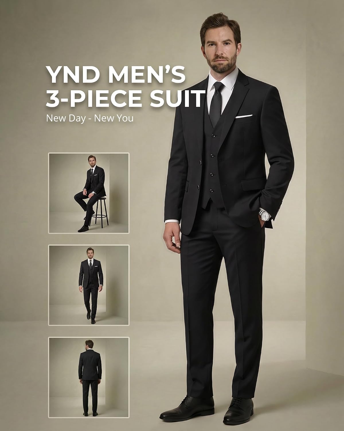 Thumbnail 1 de YND Men's 3 Piece Suit Set with Tie — Slim Fit 2-Button Blazer, Vest, and Pants in 29 Colors