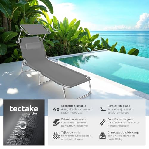 Detalle 2 de tectake Set de 2 tumbonas de jardín plegables con parasol y respaldo regulable (gris) – hasta 110 kg