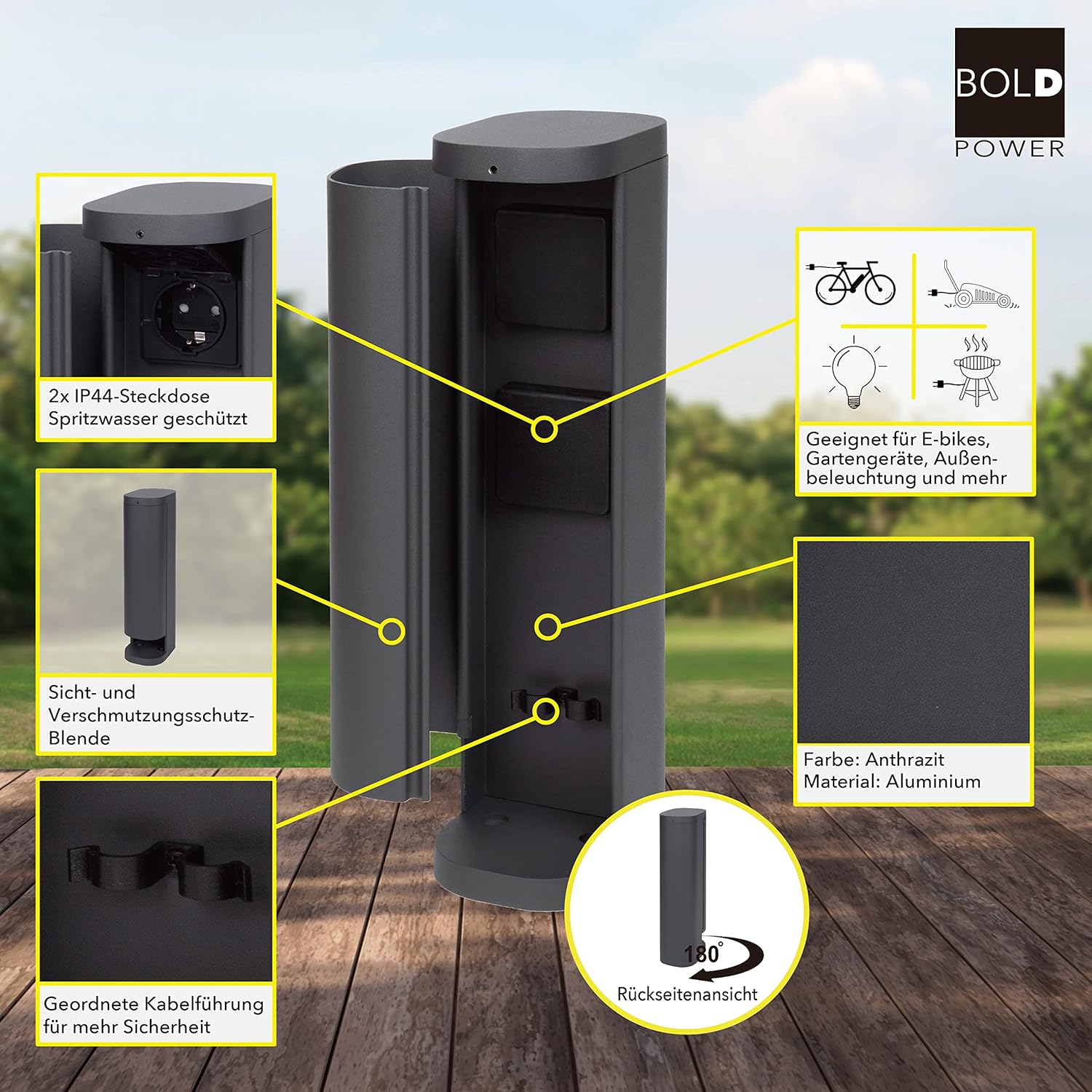 Thumbnail 1 de Bold 19448 Volo Garten-Steckdose außen (Steckdosen-Säule) Anthrazit – 2x Schuko, IP44, 3680 W