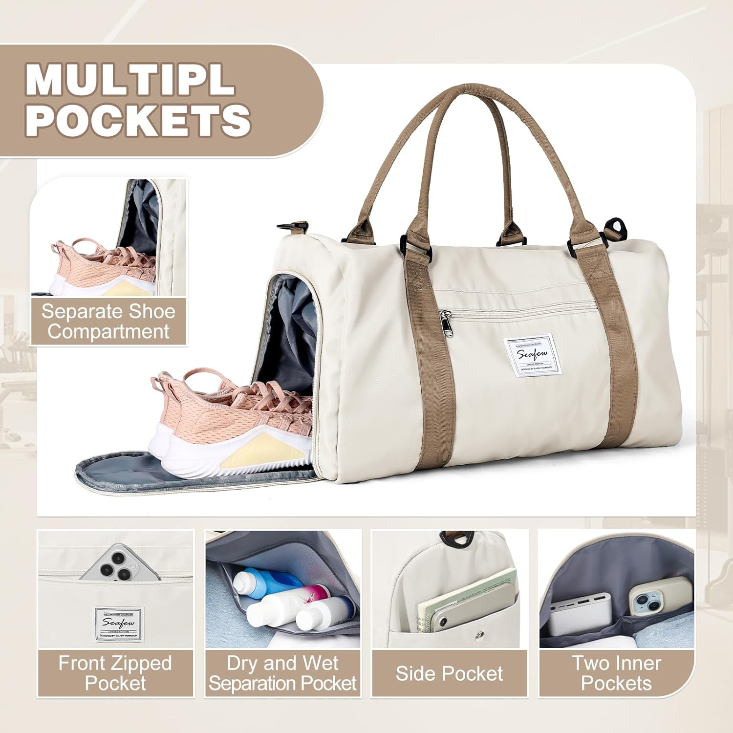 Thumbnail 3 de WEPLAN waterproof sports gym bag with separate shoe compartment (beige brown)