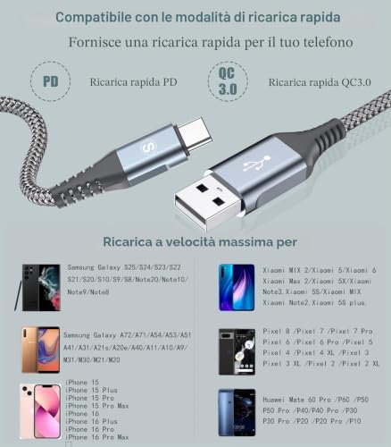 Detalle de Cavo USB C AviBrex Ricarica Rapida 2 Pezzi 2M + 3M in Nylon: compatibilità ampia e design robusto