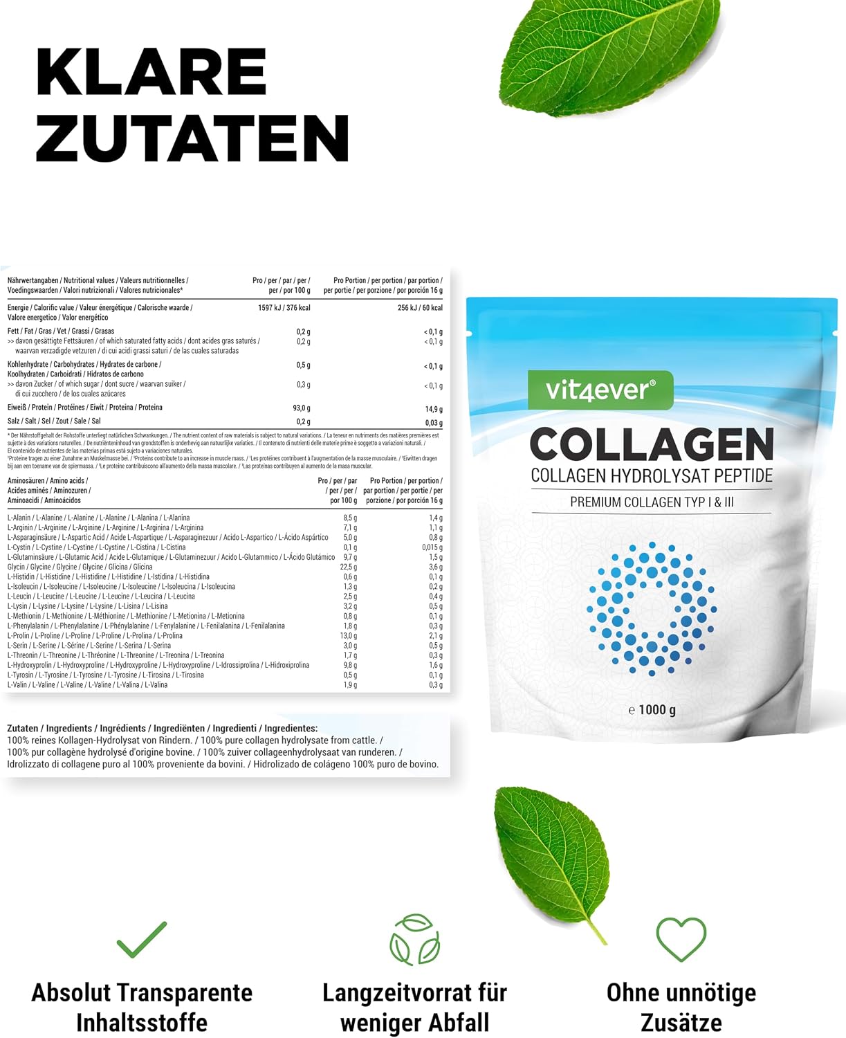Thumbnail 6 de Vit4ever Collagen Pulver 1000 g - bioaktives Kollagen Typ 1 & 3