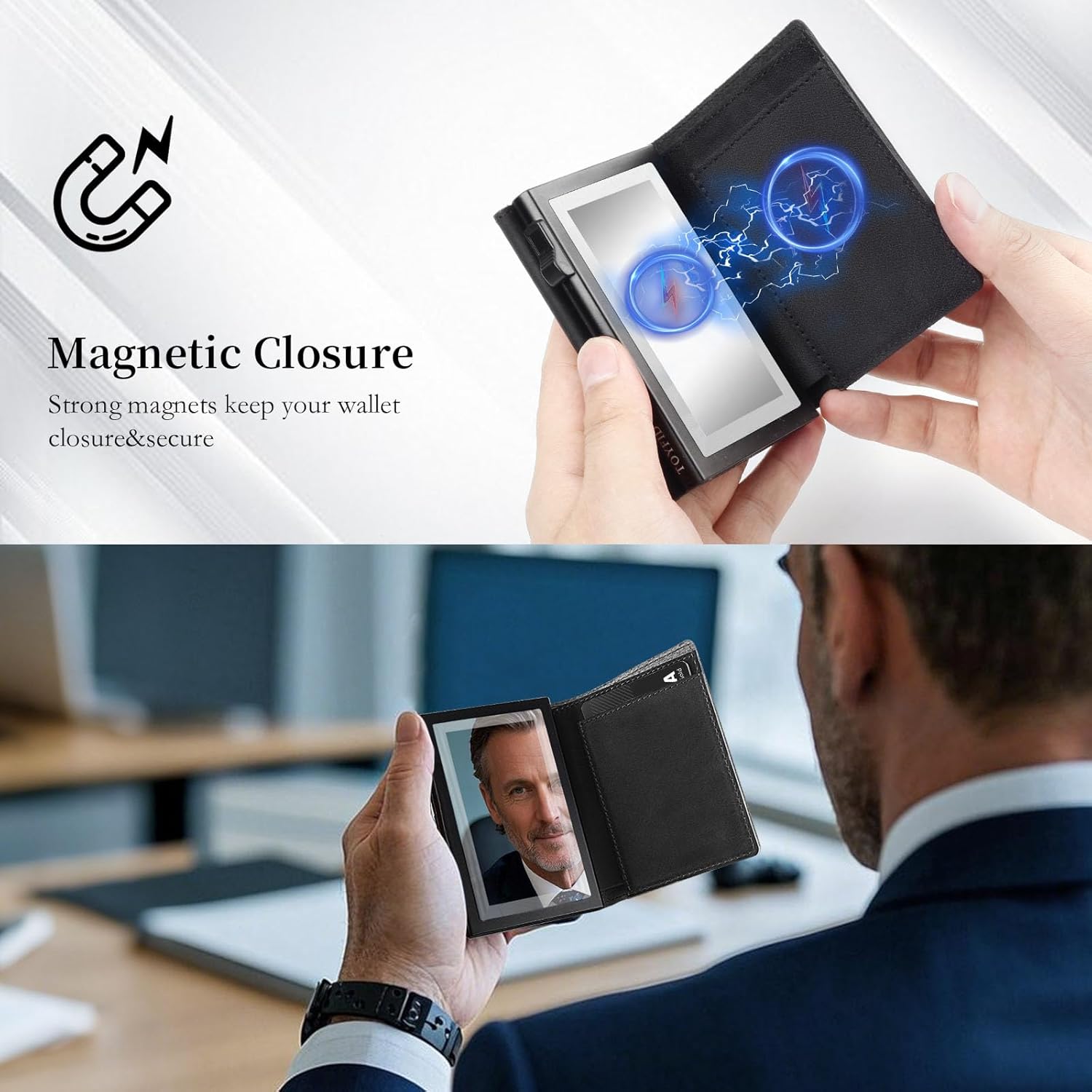 Detalle de TOYFID Leather Wallet for Men with RFID Blocking Pop Up Card Holder and AirTag Slot