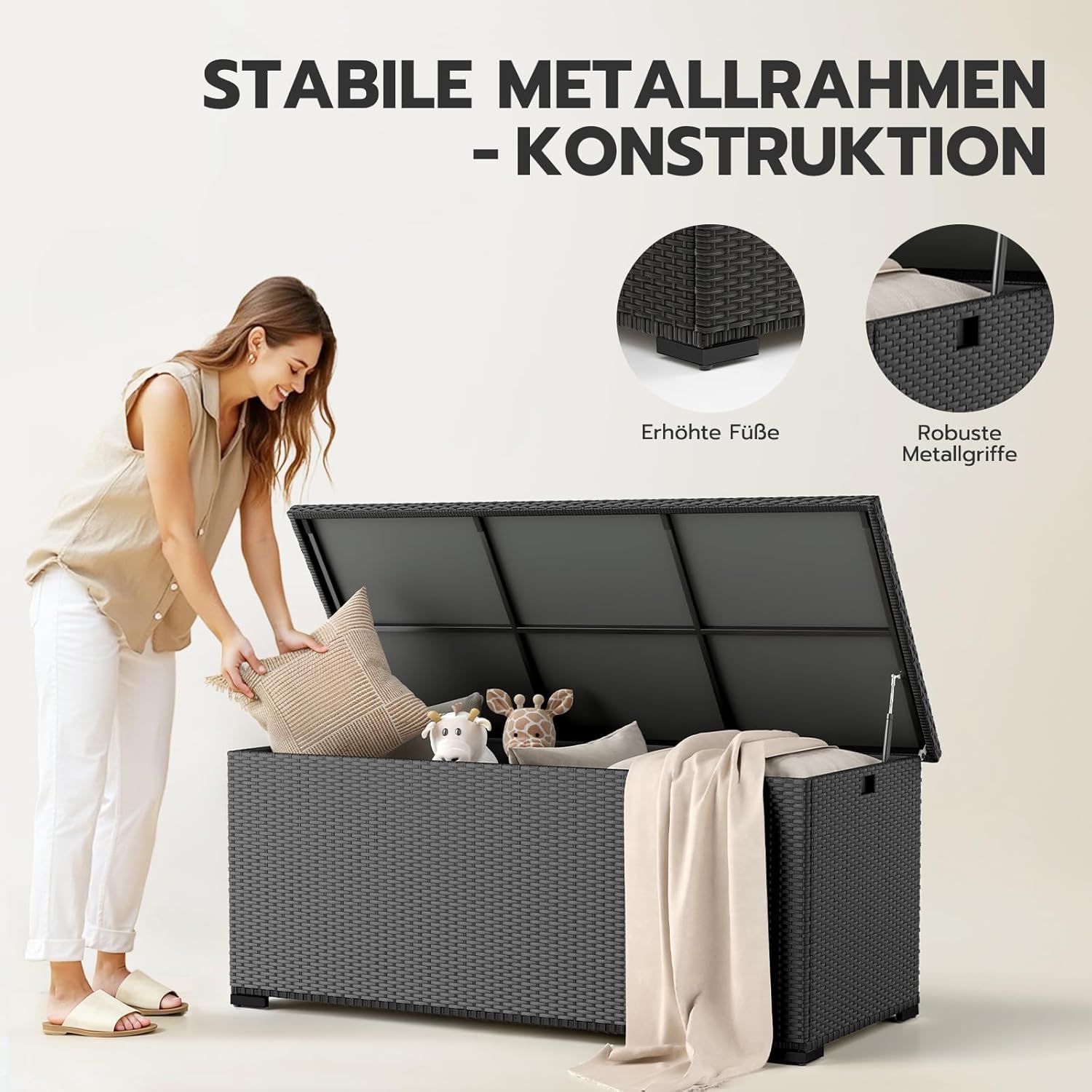 Detalle 2 de Amopatio 650L Gartenbox aus Polyrattan mit Gasdruckfedern – wasserdicht & wetterfest, Auflagenbox für Balkon und Garten