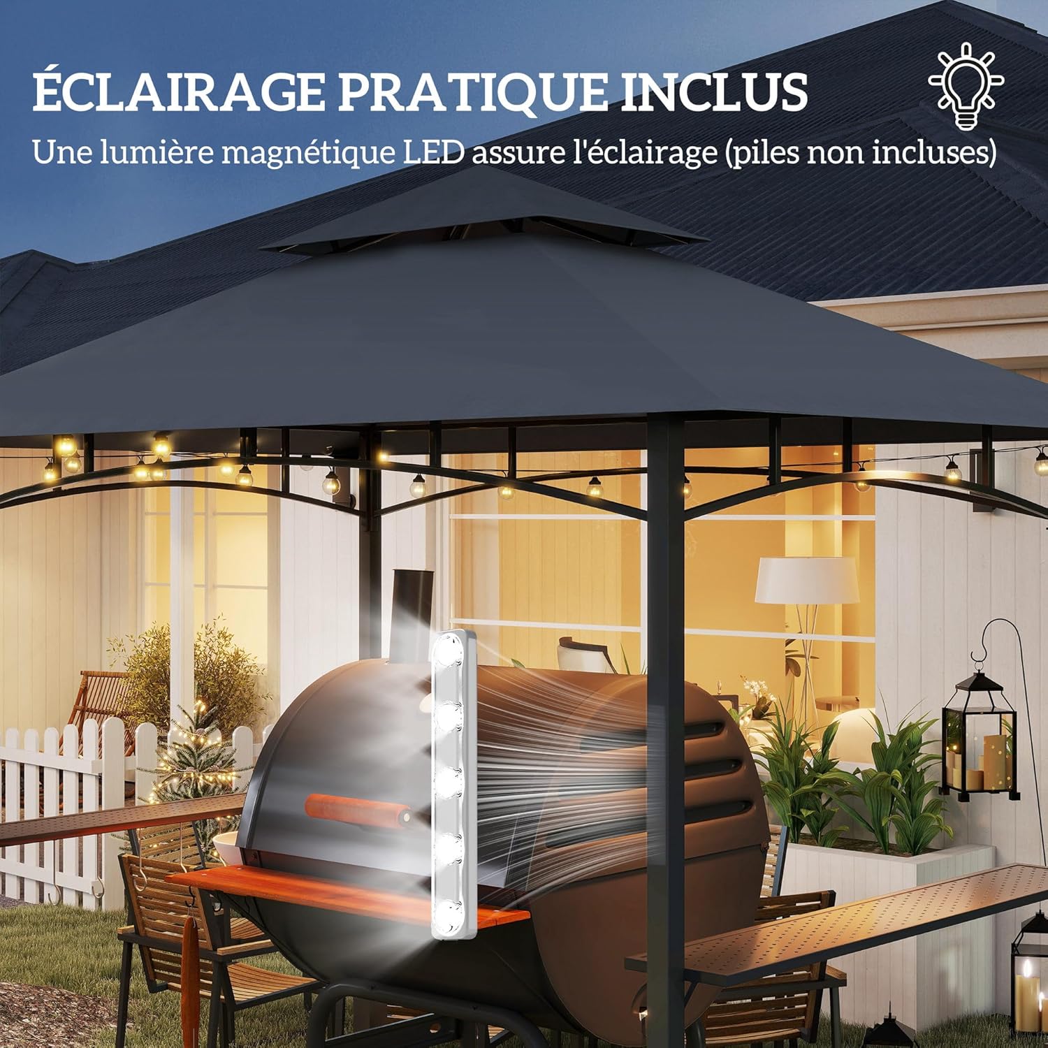 Thumbnail 4 de Outsunny Tonnelle de Barbecue à Deux Niveaux – Auvent avec LED et Étagères Latérales, 240 x 150 x 250 cm, Gris foncé