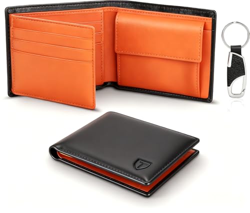Detalle de TEEHON Portefeuille Homme en Cuir Véritable RFID – Portefeuille mince tri-fold avec 10 cartes, 2 compartiments billets et porte-clés, noir/orange