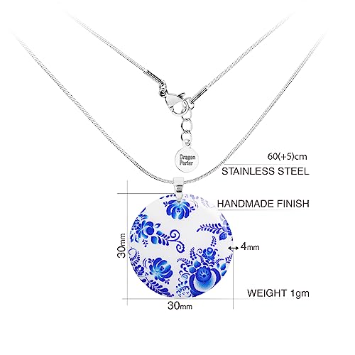 Detalle 2 de Dragon Porter Pendentif Mandala Bohème Bleu et Blanc en Acier Inoxydable – Chaîne ajustable 50 cm
