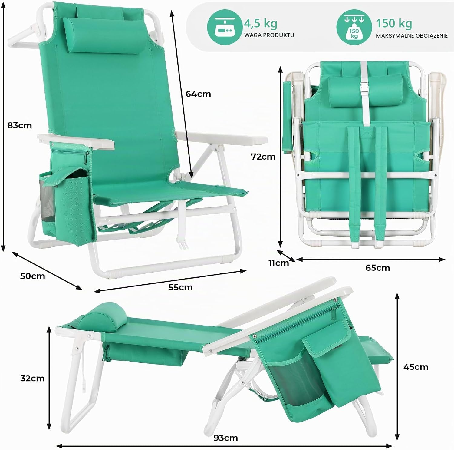 Detalle de LIFERUN XYC-070-4 – składane krzesła plażowe, zestaw 2 szt., 5 pozycji, 150 kg