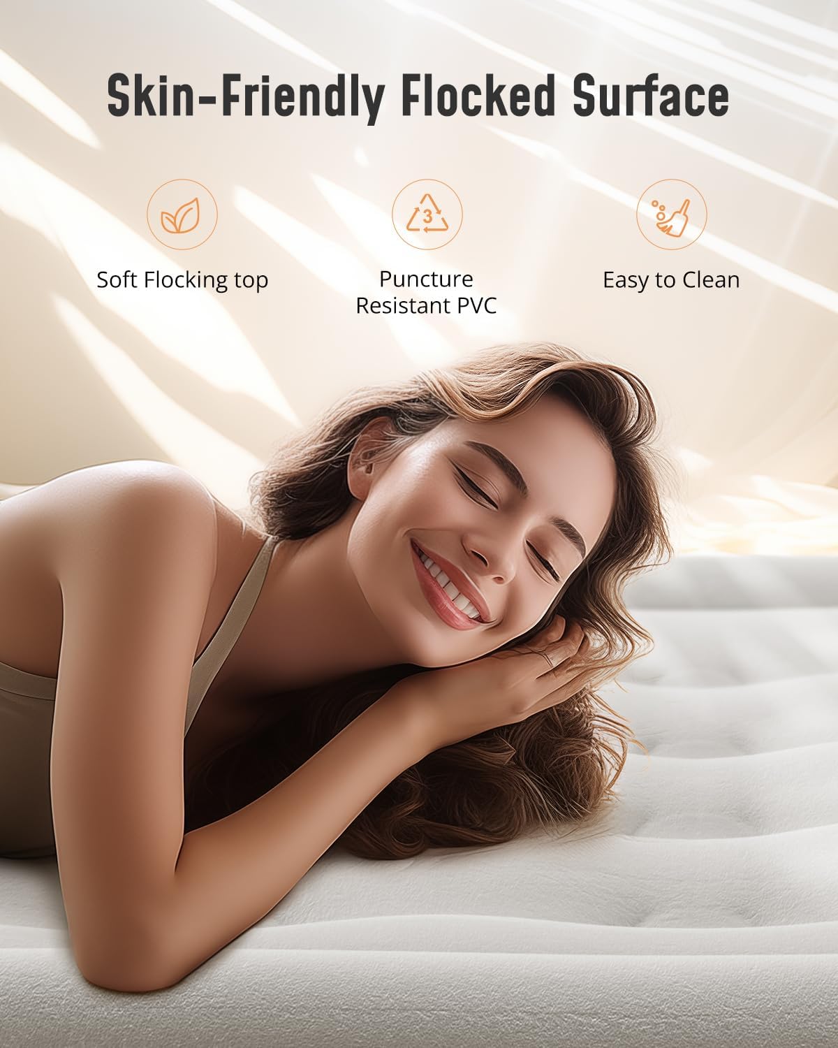 Detalle de Airefina Double Air Mattress with Built-In Electric Pump, Flocked Top, 190×137×46cm