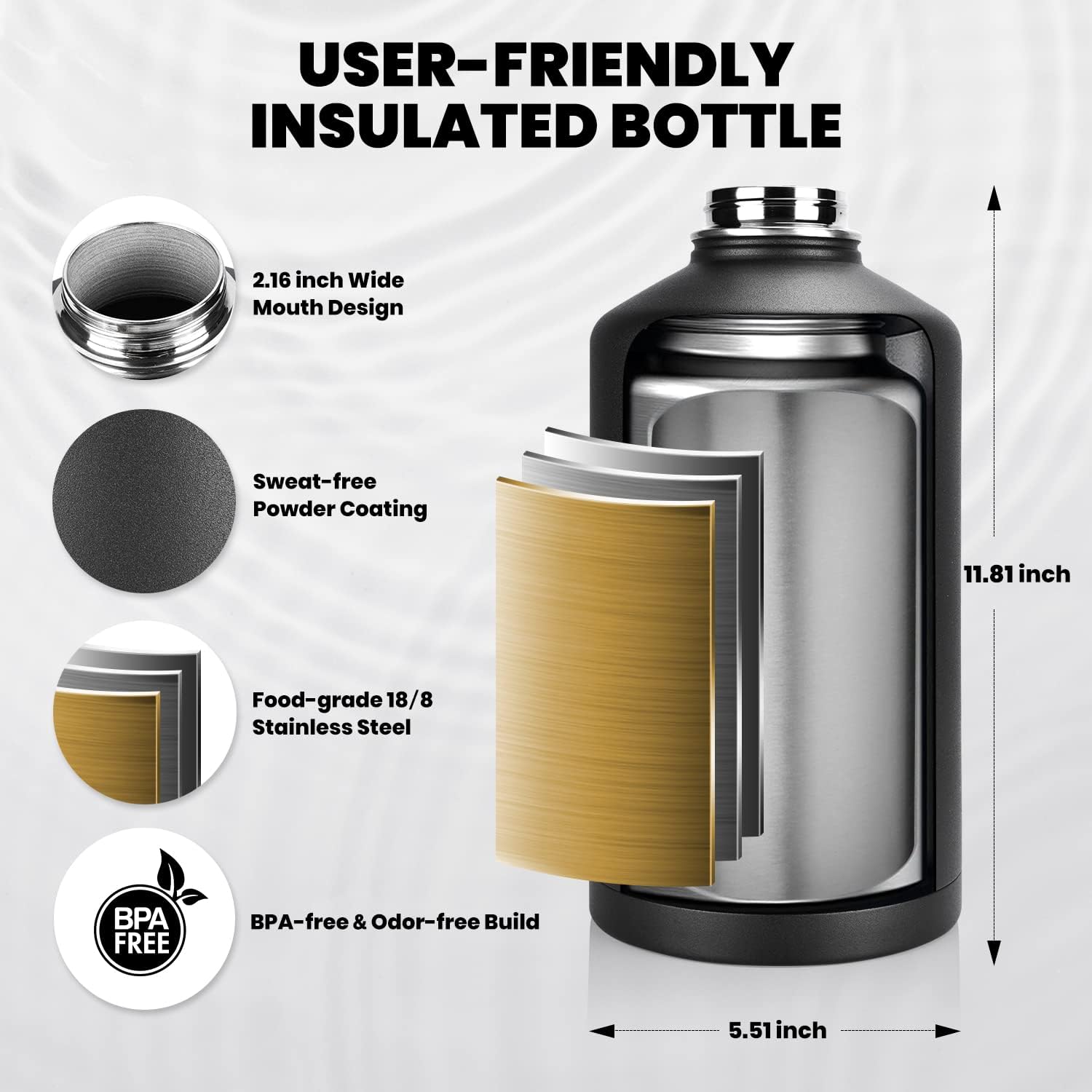 Detalle de RAYMYLO One Gallon Insulated Water Bottle (128 oz) – Triple-Walled Vacuum Stainless Steel, Leak-Proof Lids