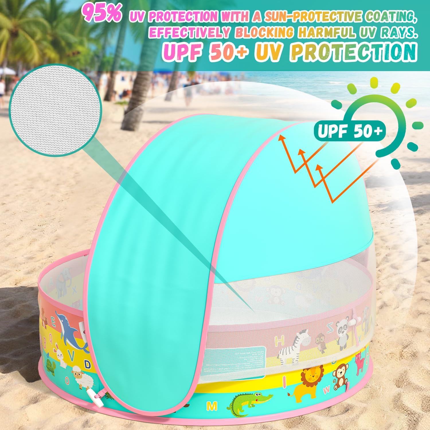 Detalle de Baby Paddling Pool with Sun Shade UPF50+ 4-in-1 Pop-Up Beach Tent