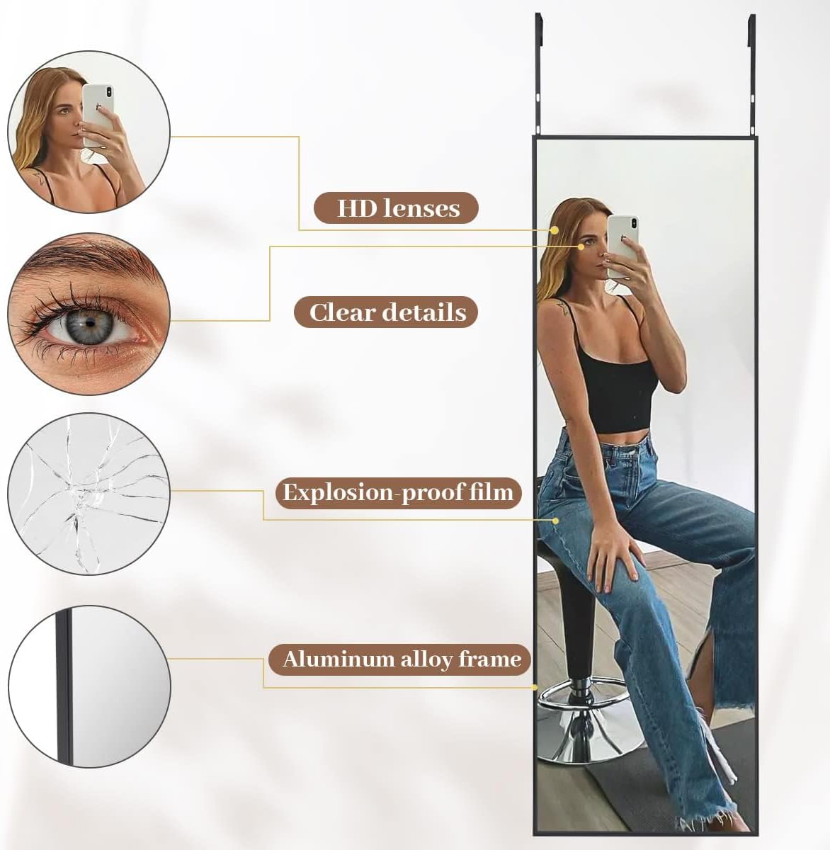 Detalle de BEAUTYPEAK Full-Length Mirror, 16" x 50", Black Aluminium Frame