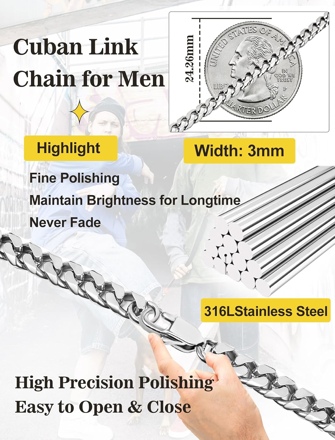 Thumbnail 2 de Inscca Halskette Herren Silber Edelstahl Kubanische Kette – 316L, 45–75 cm