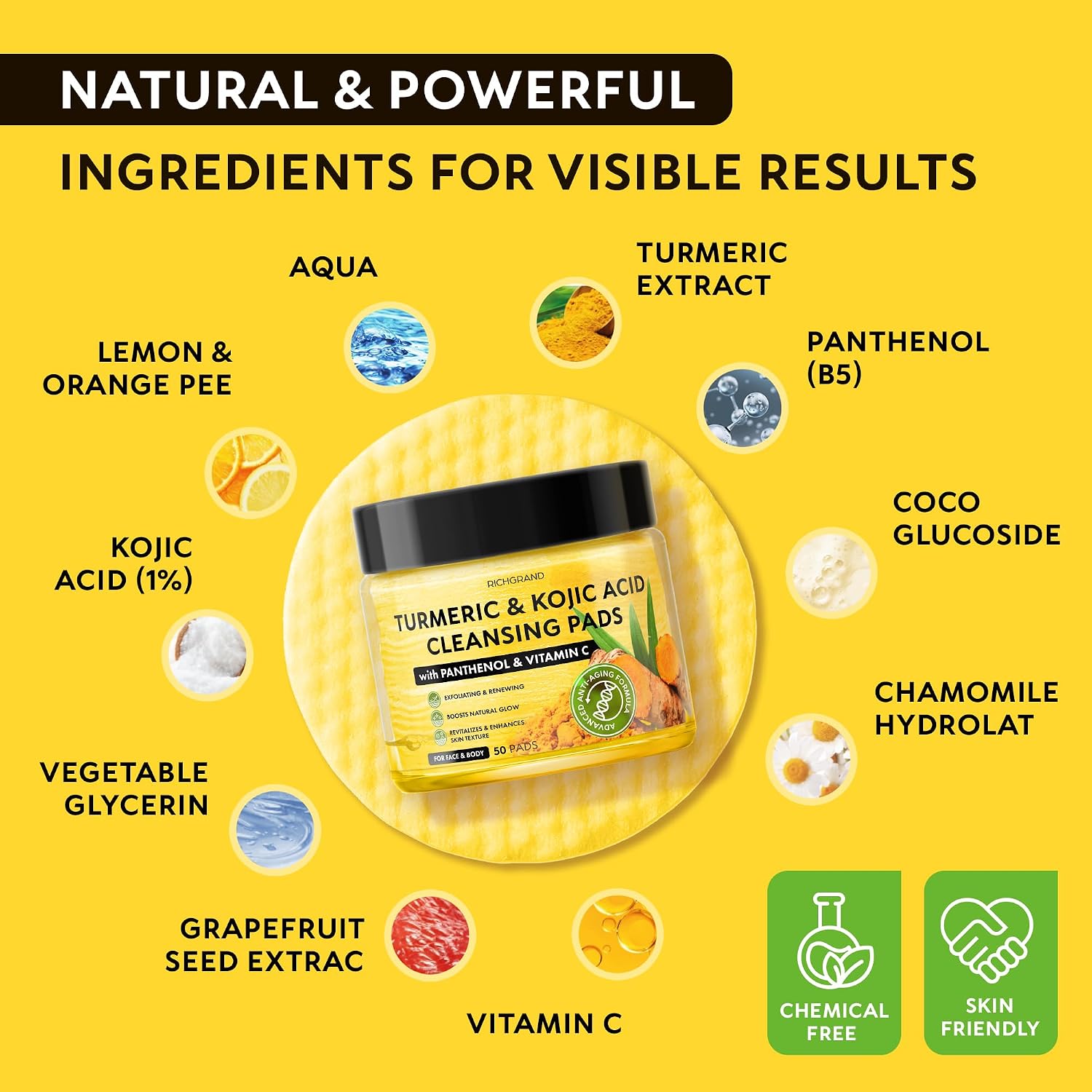 Detalle 2 de RICHGRAND Turmeric Kojic Acid Cleansing Pads with Vitamin C and Lemon