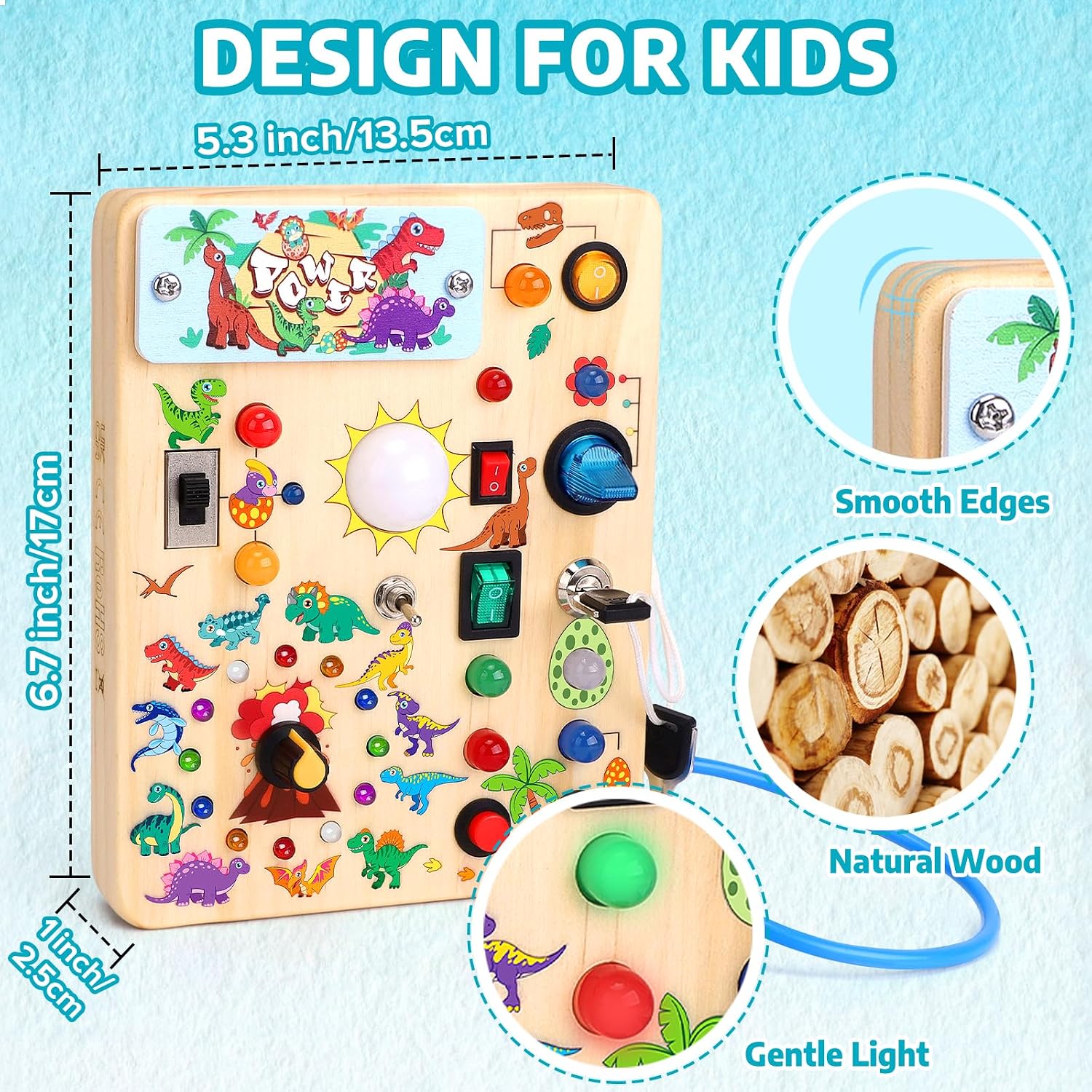 Detalle de Montessori Dinosaur Busy Board 10 switches
