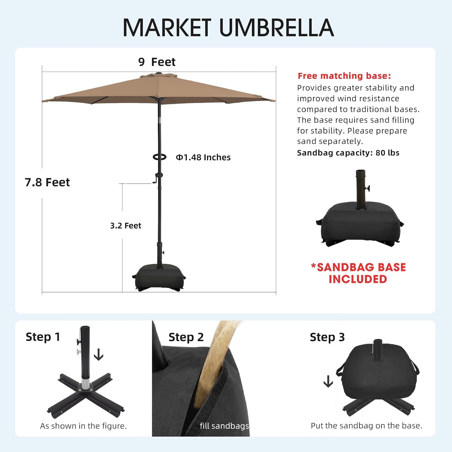 Thumbnail 1 de wikiwiki ZZS-002 9FT Patio Umbrella with Base, 8 Ribs, Tan Canopy