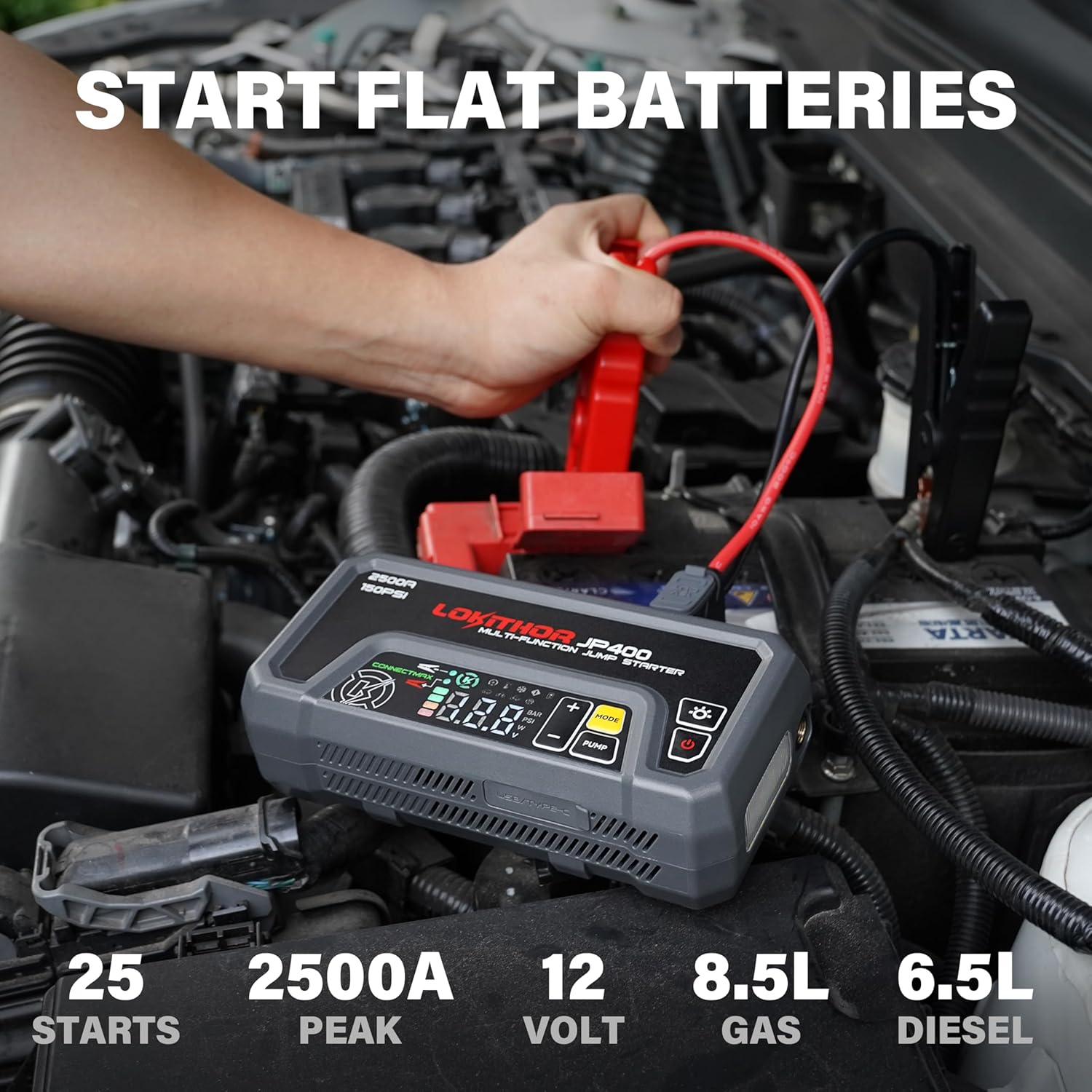 Detalle de LOKITHOR JP400 : Booster de Batterie 12V 2500A avec Compresseur d’Air 150 PSI et Lampe LED