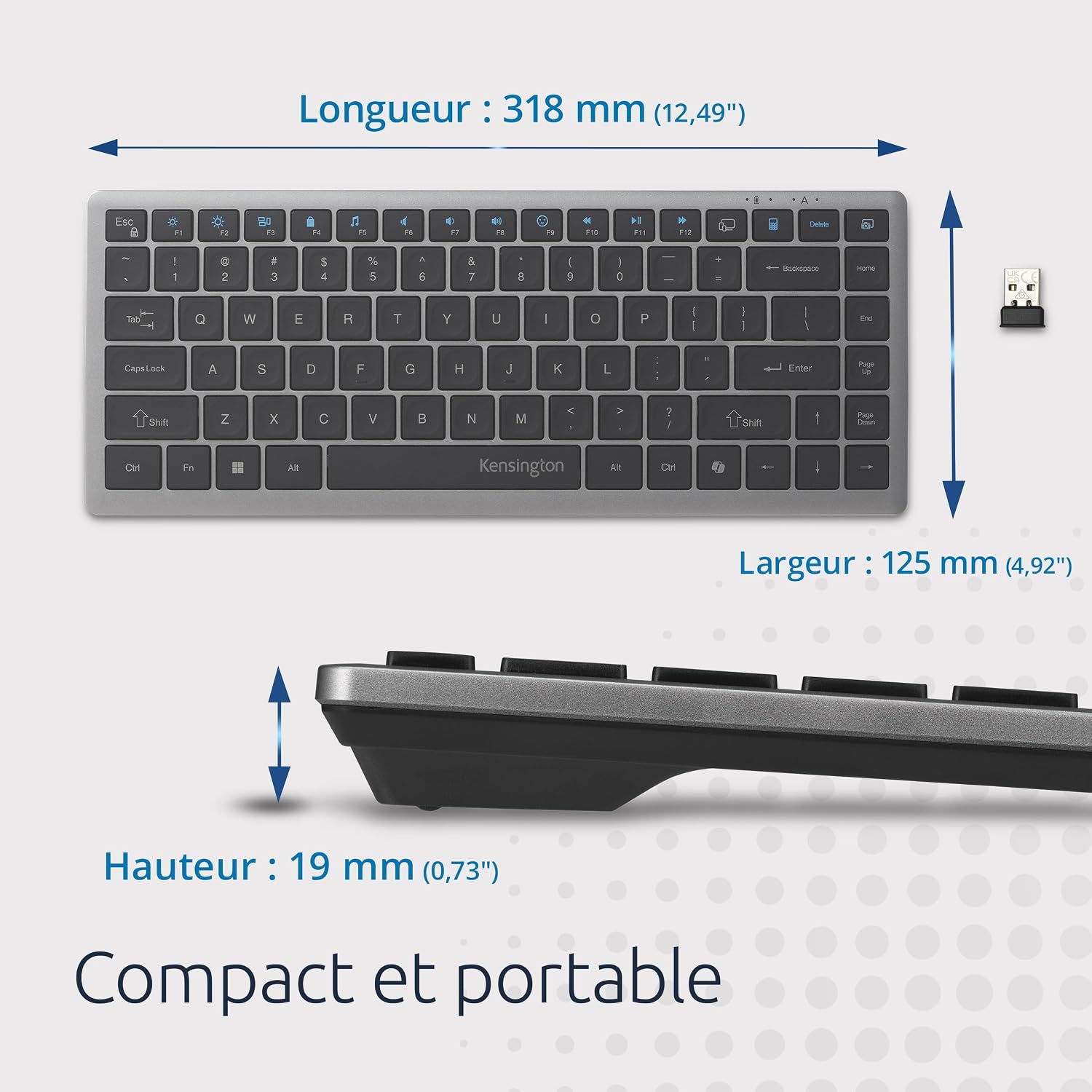 Detalle de Kensington KB435 Clavier sans Fil EQ 2.4G USB – Clavier Compact Silencieux et Rechargeable